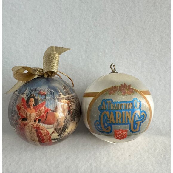 Christmas Ball Ornament Lot 2 Salvation Army 1987 Holiday Barbie 1997 - Picture 1 of 4